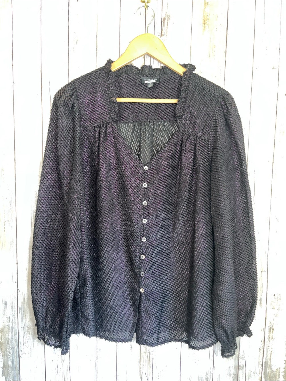 Current Air Black Textured Blouse Large Sheer Ruffle Neck Button Front Boho Top - Picture 6 of 6